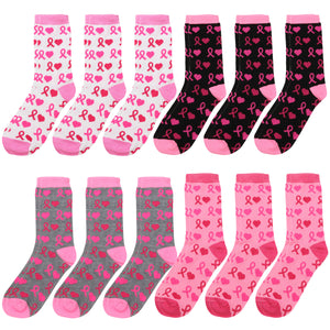 12-Pack Women's Crew Socks Pink Ribbon & Heart
